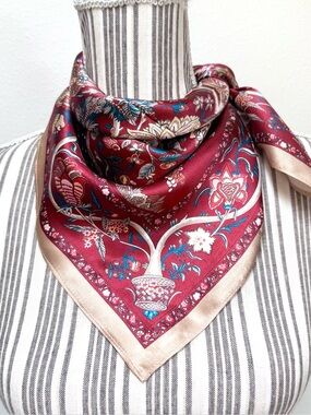 Boho Peacock Print Scarf – Red & Teal Folk Art Floral Wrap